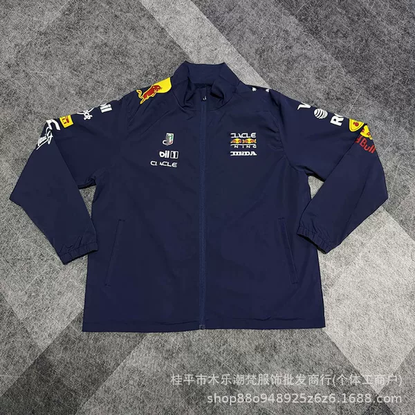 Red Bull Racing Navy Blue Racing Jacket Stand Collar Football Jacket Long Sleeve Sports Casual Wear for Men Spring and Autumn