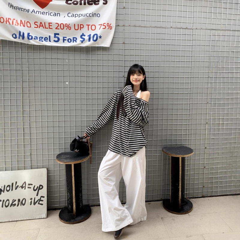 休闲套装条纹露肩T恤上衣女装内搭挂脖背心早秋直筒阔腿裤三件套|undefined