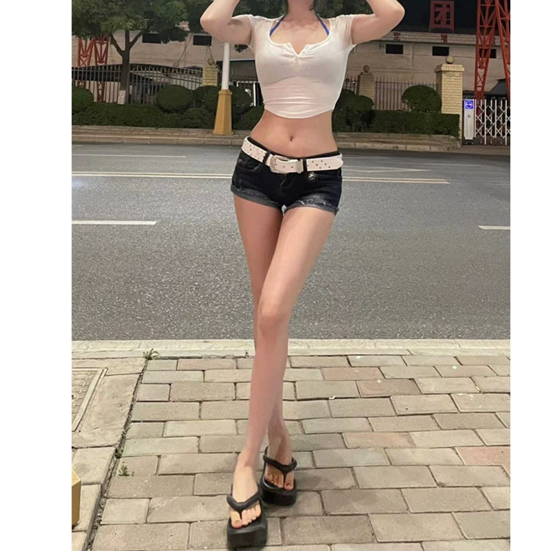 Синие джинсовые шорты с низкой талией в стиле ретро и фланцевым дизайном для женщин, летних горячих девушек, миниатюрных студентов, универсальные горячие шорты