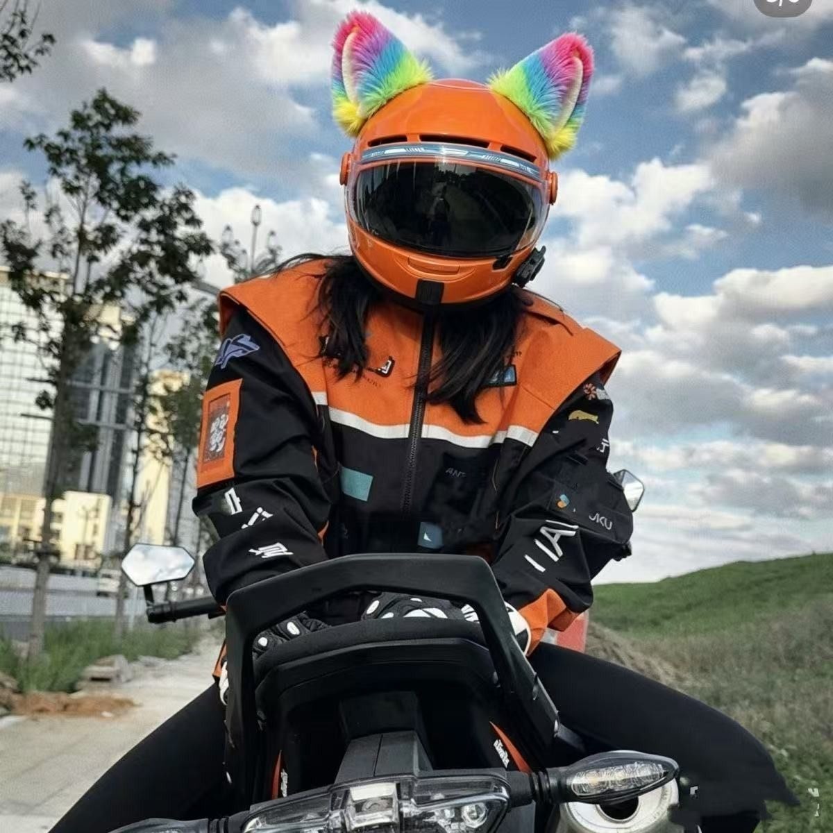 New helmet decoration with colorful ears, motorcycle and electric vehicle delivery stickers, cute ski Meituan dolls