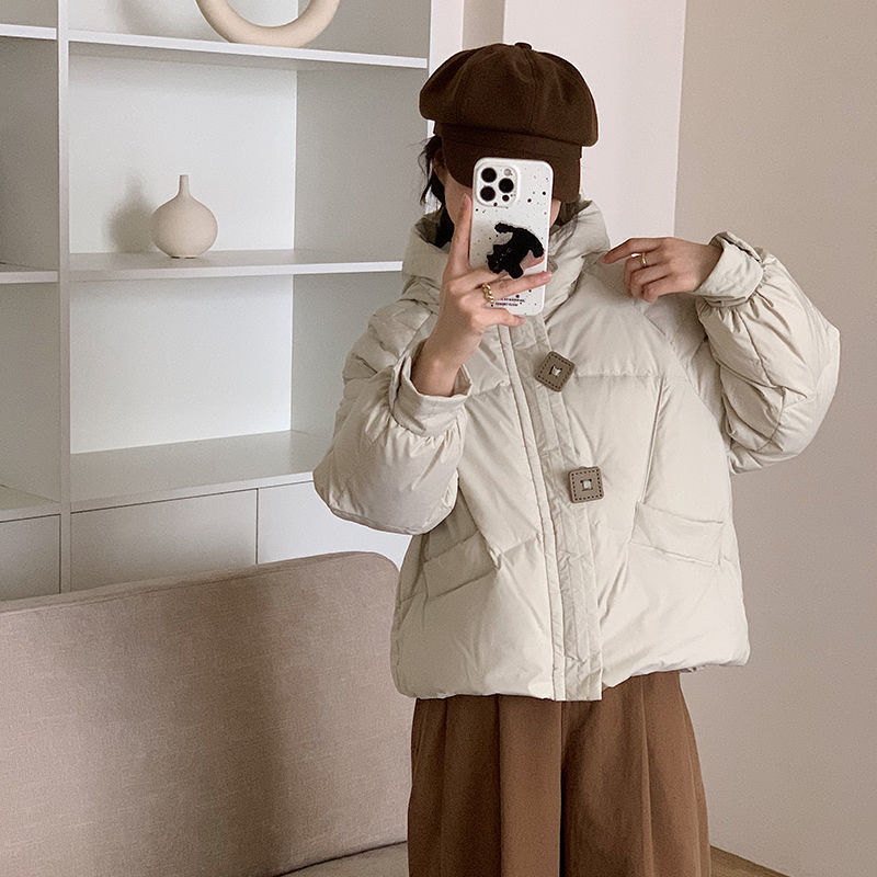 2025秋冬短款小个子羽绒服加厚休闲外套方扣羽绒服黑色奶绿色氨纶