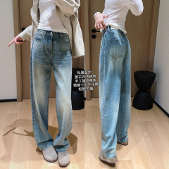 私服蓝牛！早秋复古石洗猫须直筒裤微锥十分牛仔裤女W0052Y