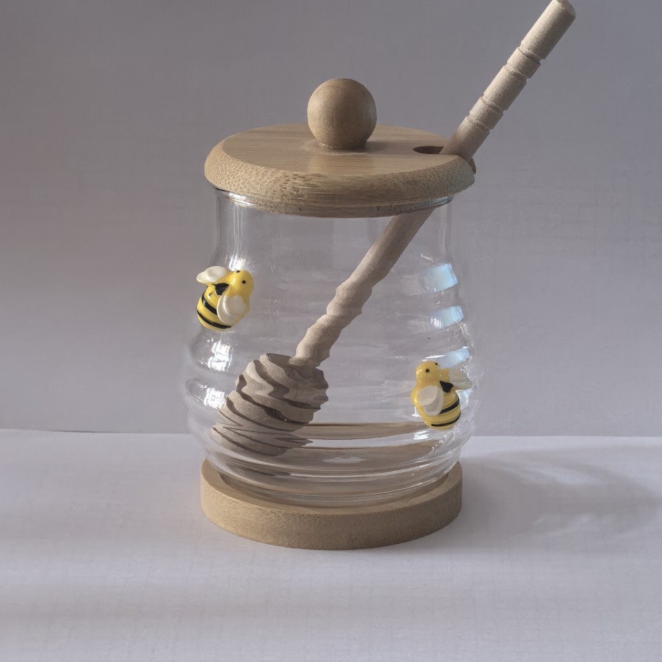 Lindo tanque de abejas, tanque de miel de vidrio, fondo de madera, tanque de almacenamiento de palo de madera