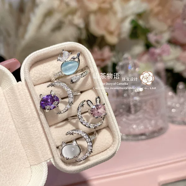 Camellia niche rabbit small animal ring girl versatile personality design inlaid zirconium fashion jewelry wholesale