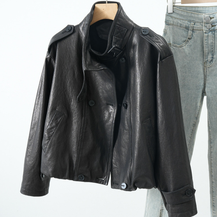 High-End Hepburn Oil-Waxed Leather Jacket for Women, Loose Stand-Up Collar Biker Leather Jacket, Oil-Waxed Cowhide Short Jacket