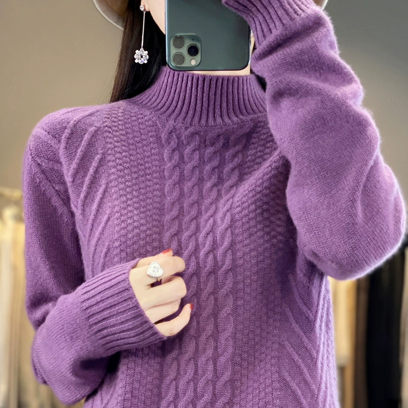 Women’s half‑turtleneck pullover, pure wool, cropped thick cable knit, autumn‑winter