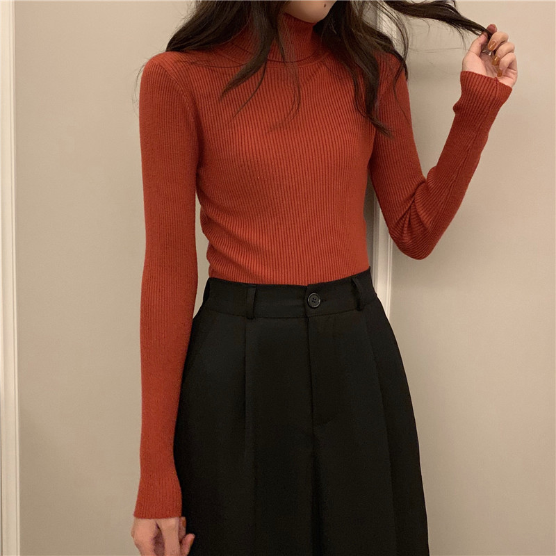 秋冬の女性用タートルネックセーター、韓国風、スリムで万能なニットボトムシャツ、インナーに長袖プルオーバートップス、アウターに