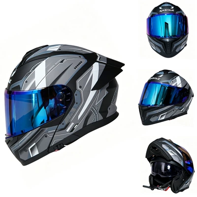 with built-in Bluetooth slot, safety Motosiklet kaskı (dəbilqə) - matte-gray-blue-coated-mirror-m-54-55