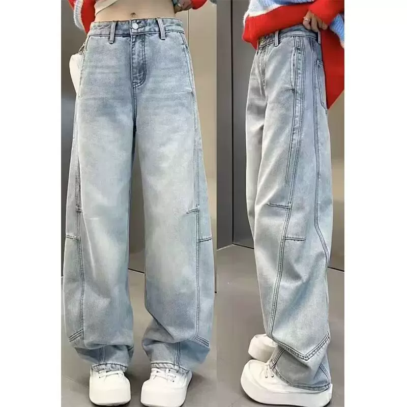 2025春夏季新款时尚高腰显瘦百搭明线设计弯刀牛仔裤直筒香蕉裤子