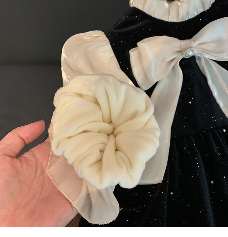 Girls' Spring and Autumn Long sleeved High end 2023 Western style Hepburn Small Fragrance Bow Bubble Sleeve Dress_voghion.com