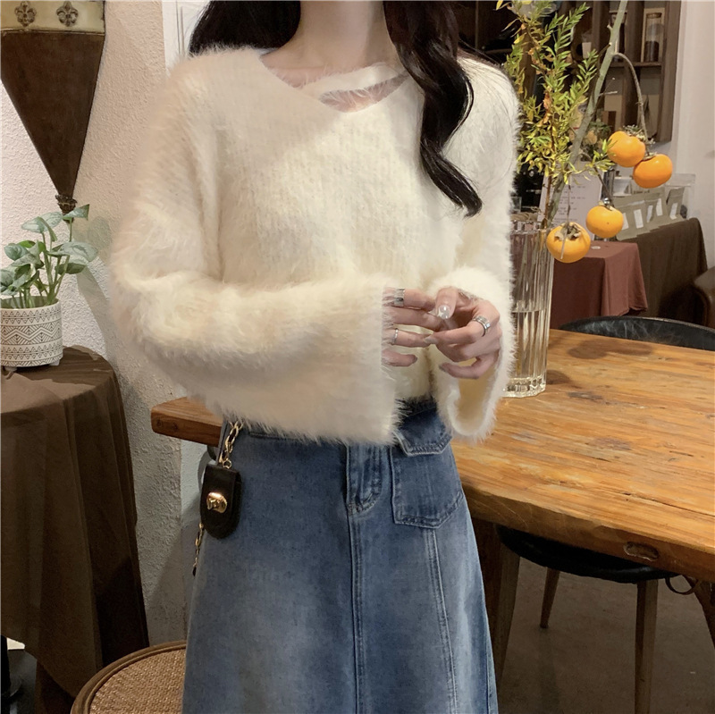 露锁骨软糯仿貂绒短款毛衣女秋冬新款高级感别致长袖针织衫上衣女|undefined
