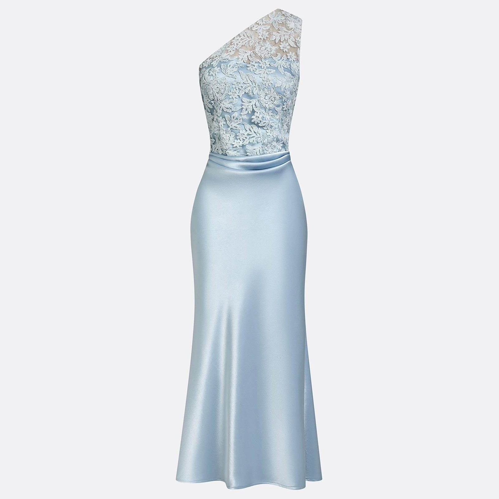 Summer Collection High-End Satin Evening Gown One Shoulder Design Sheer Mesh Panels Women's Fashion Dress_ecoleips.com
