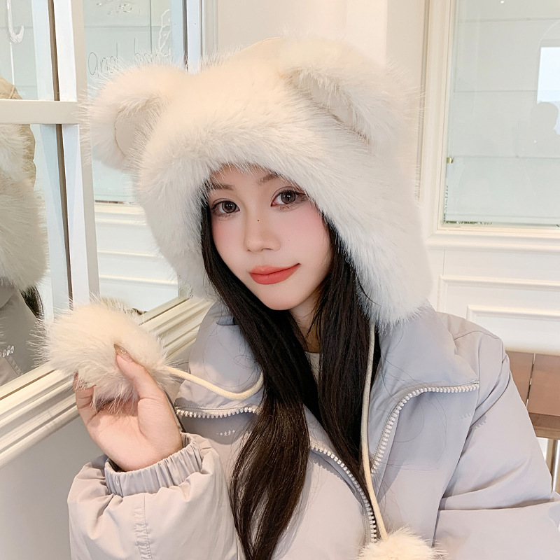 日系秋冬帽子女款甜美可爱熊耳朵套头帽加厚保暖帽防风护耳毛绒帽|undefined
