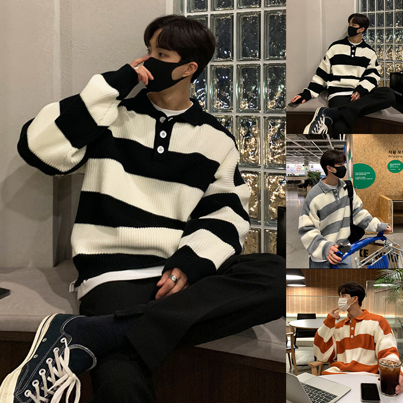 Autumn and Winter New Polo Shirt Lapel Stripesd Knitwear Knitwear Men's Loose Lazy Style Jacket Export Cross-Border Wholesale Autumn and Winter New Polo Shirt Lapel Stripesd Knitwear Knitwear Men's Loose Lazy Style Jacket Export Cross-Border Wholesale