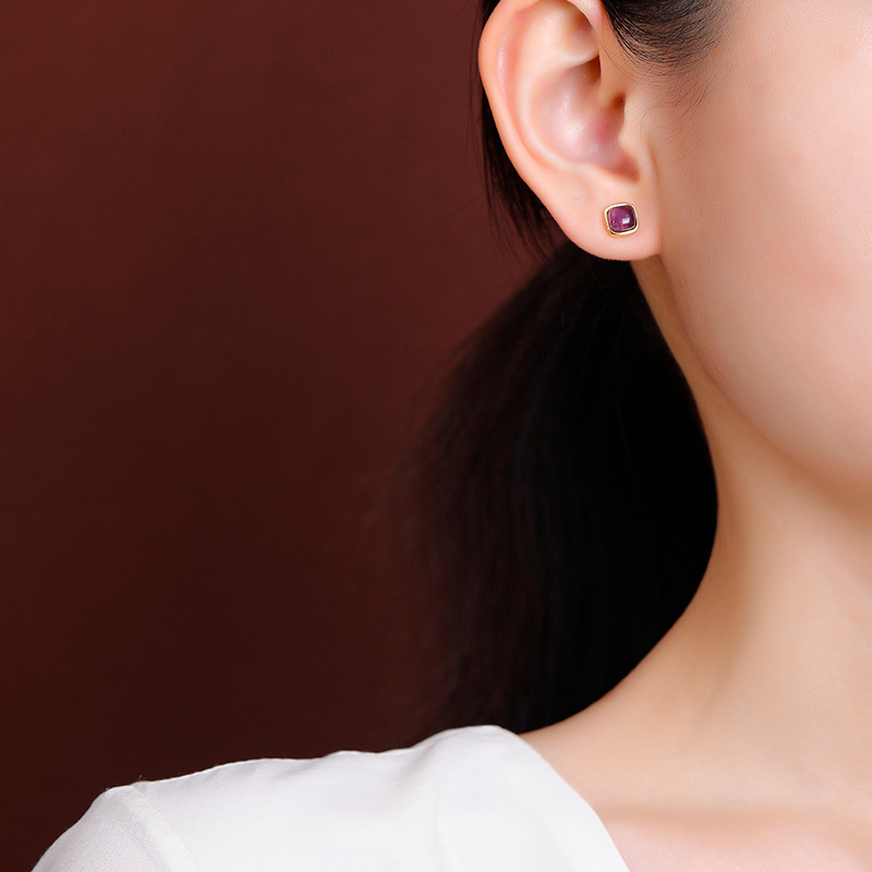 Bông tai bạc S925 đính đá thạch anh tím tự nhiên mặt vuông hình học phong cách Âu Mỹ — Một cặp