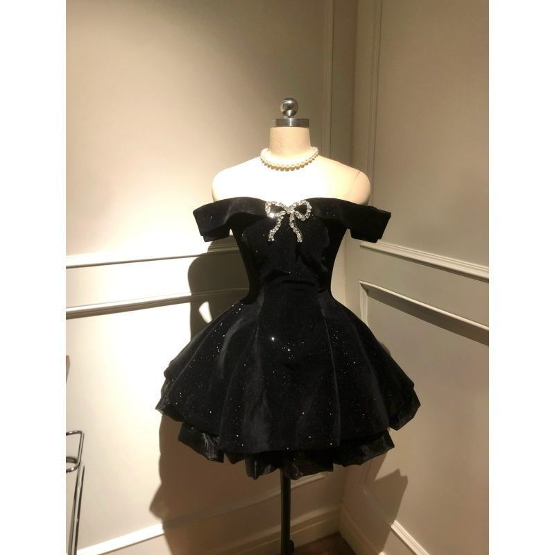 法式名媛千金感蝴蝶结一字肩连衣裙夏季新款时尚生日礼服裙女|undefined