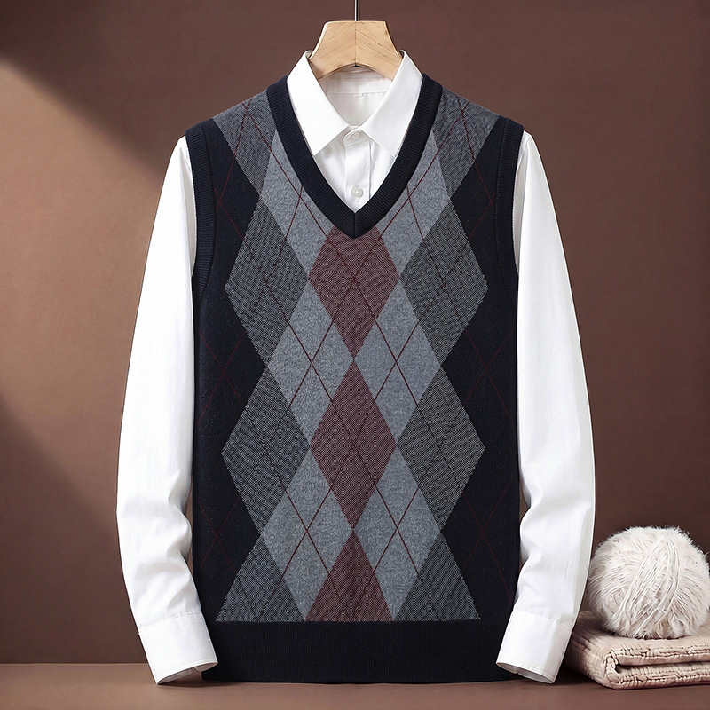 Middle-aged men's knitted vest, casual plaid sleeveless sweater, V-neck, thick wool vest for dads Middle-aged men's knitted vest, casual plaid sleeveless sweater, V-neck, thick wool vest for dads