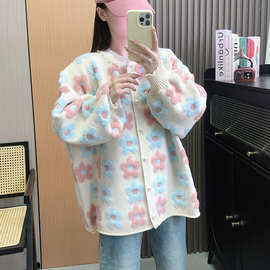 春秋季新款韩系甜美减龄立体花朵针织开衫大码宽松慵懒风毛衣外套
