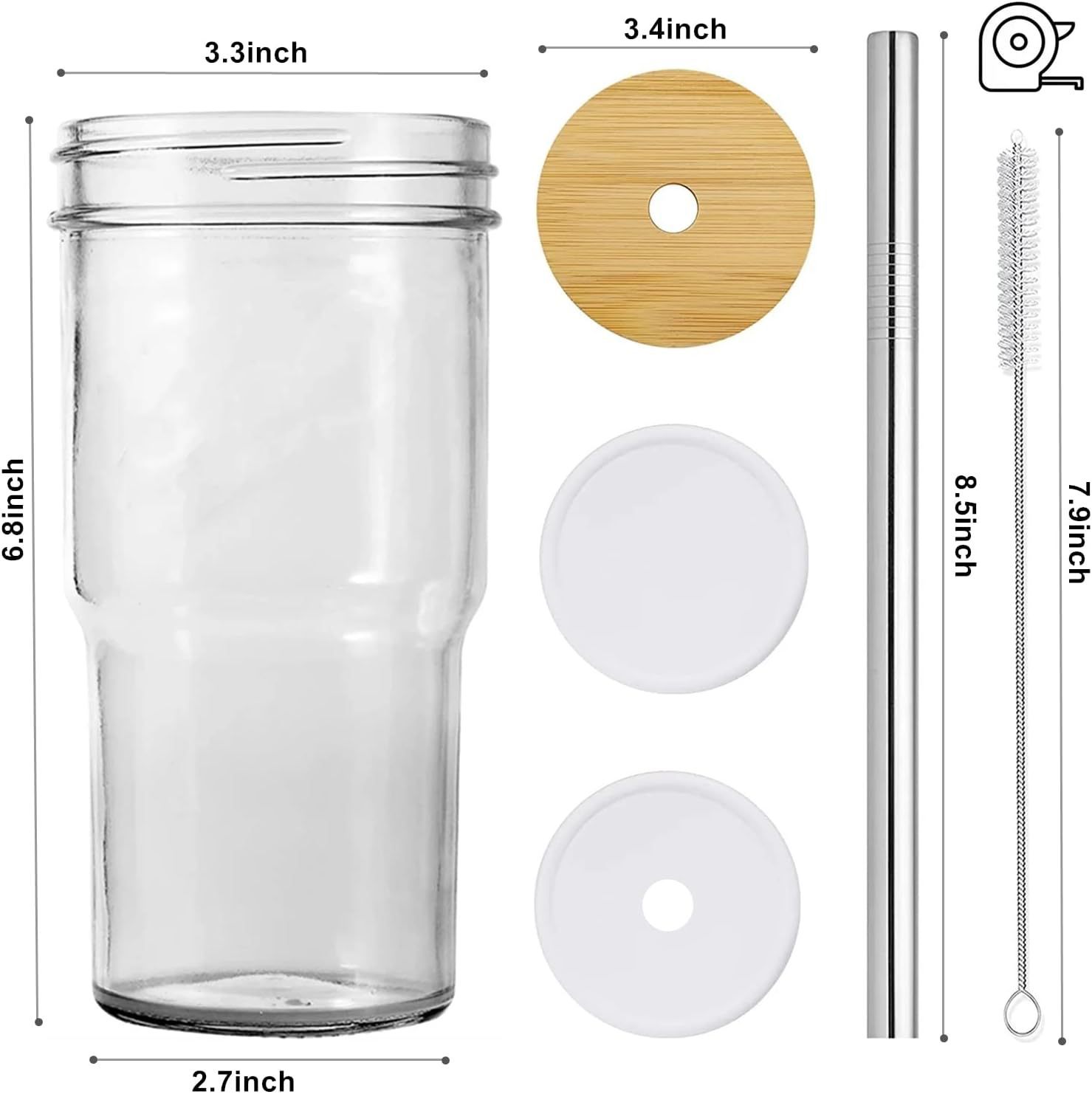 亚马逊外贸24oz竹节梅森玻璃杯吸管竹盖冷饮杯啤酒杯饮料杯果汁杯