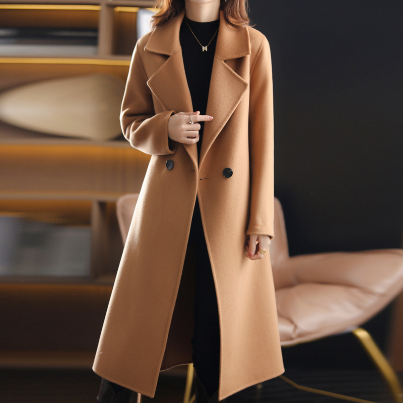 Long Over-The-Knee Solid Color Wool Double-Sided Coat Hepburn Style Belted Cashmere Woolen Coat for Women with a Feminine Style