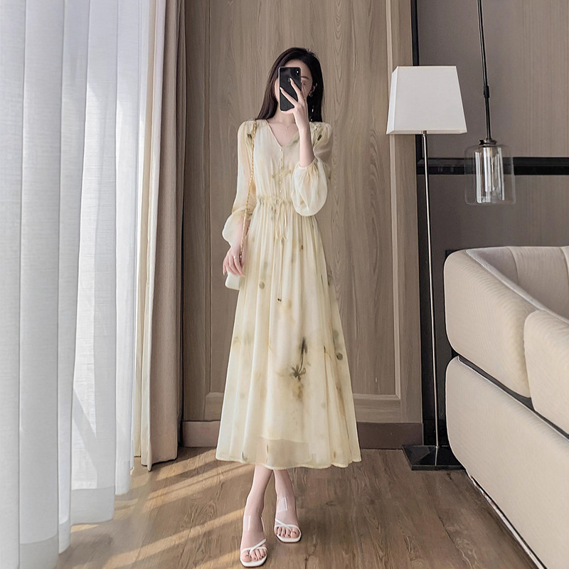 Xlfs5911 Gentle Wind Chiffon Floral Dress Women's 2025 Autumn New Long Sleeve Temperament Slim A-Line Skirt