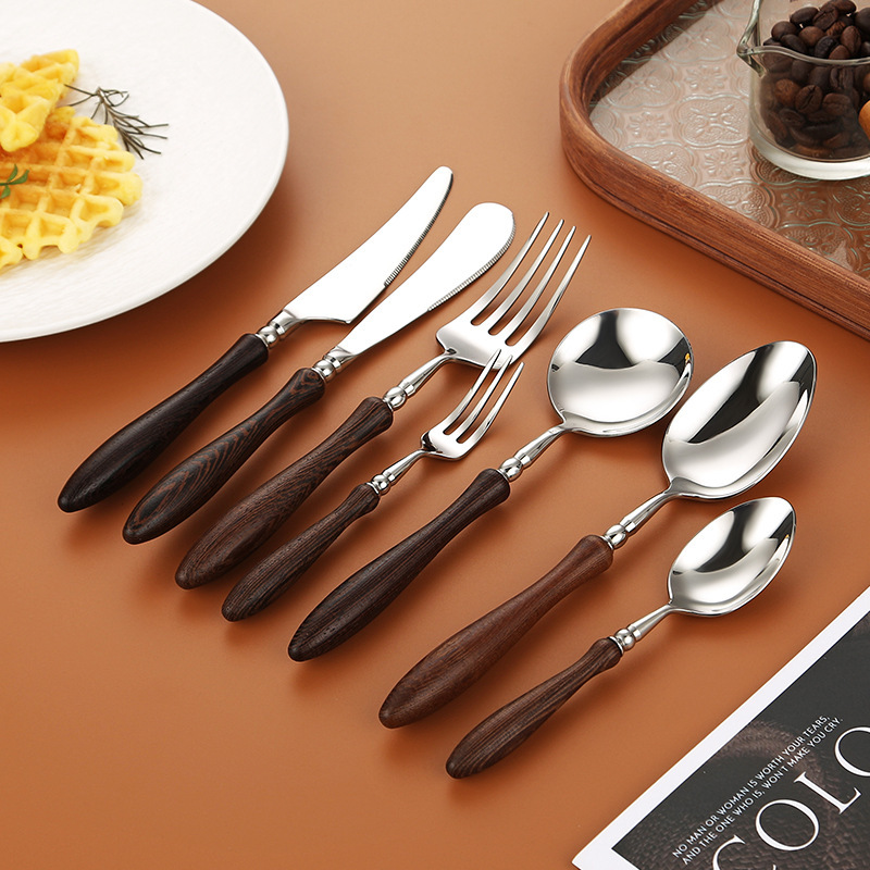 Round handle 304 stainless steel walnut knife and fork spoon hotel restaurant rosewood western food knife and fork dessert spoon tableware Round handle 304 stainless steel walnut knife and fork spoon hotel restaurant rosewood western food knife and fork dessert spoon tableware