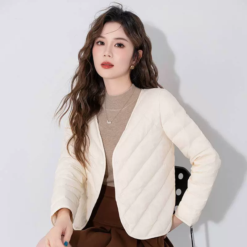 Пуховик женский осенний и зимний новый тонкий, легкий и теплый внутри, пуховик короткий, V-образный вырез с пальто