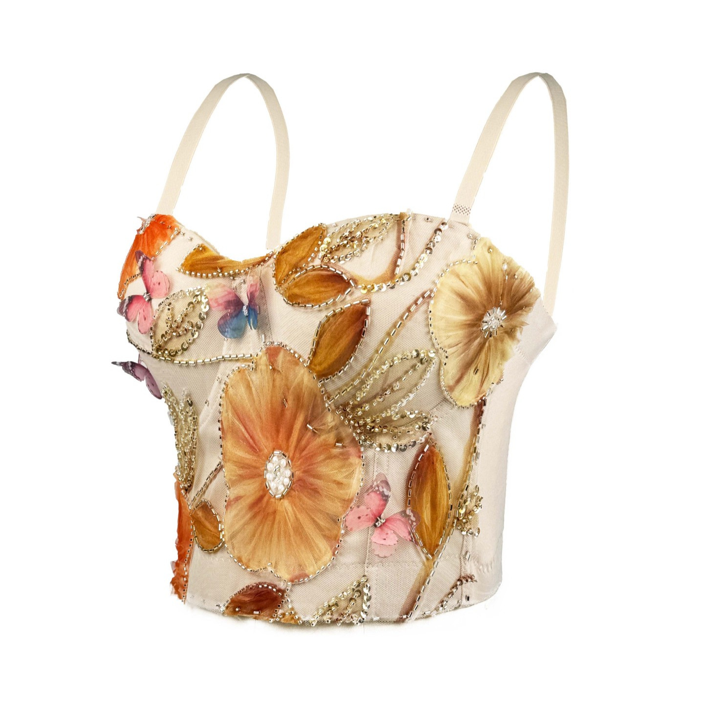 Pink floral embroidered fishbone corset, sexy inner bra with pads, sophisticated look, can be worn as outerwear.
