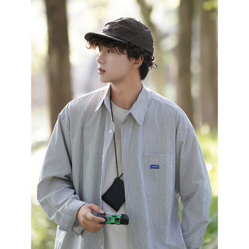 Japanese casual city boy workwear long sleeve shirt men spring and autumn new fashion loose striped top coat men
