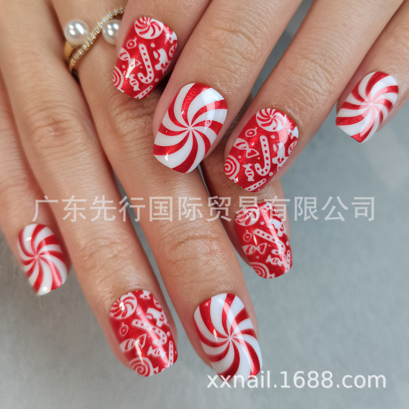 32 Pieces Christmas Candy Red Glitter Spiral Design Holiday Style Shape Dressing Armor Christmas Nail Patch