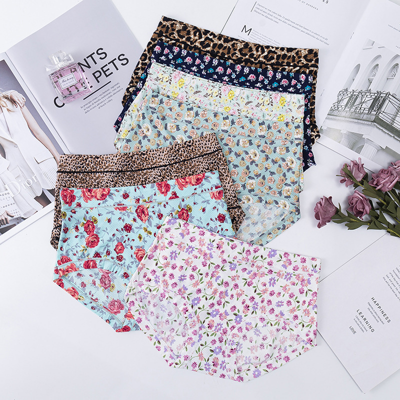 Ice Silk Printed Breathable Mesh Seamless One-Piece Mid-Low-High Waist Pure Cotton Crotch Milk Silk Girls' Floral Panties