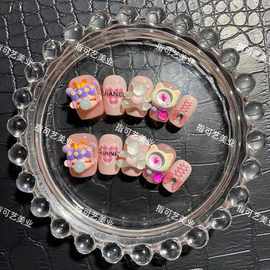 手工穿戴甲新款实拍可爱泡泡堂女孩恶魔之眼粉色少女小熊可拆卸