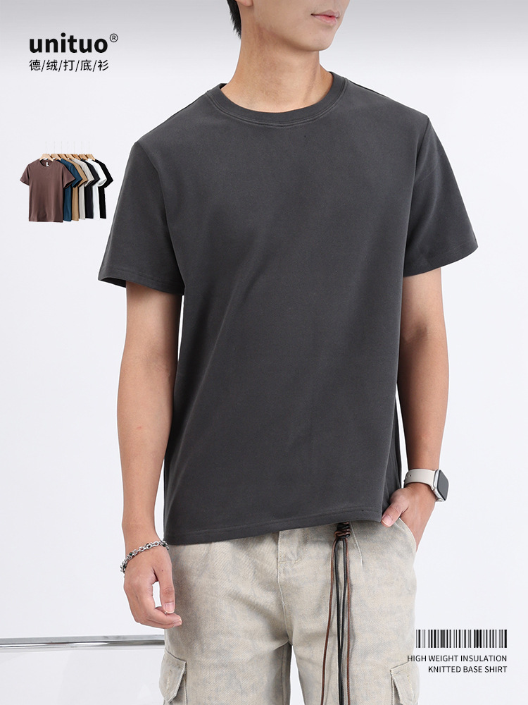 Lujo ligero de lujo alto sentido primavera y otoño de manga corta de cuello redondo adolescente de tern bajo camisa de fondo de hombre blusa de color sólido hombre