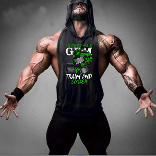 Foreign trade deep digging bodybuilding Hulk fitness hooded waistcoat trendy men's summer hooded gym vest