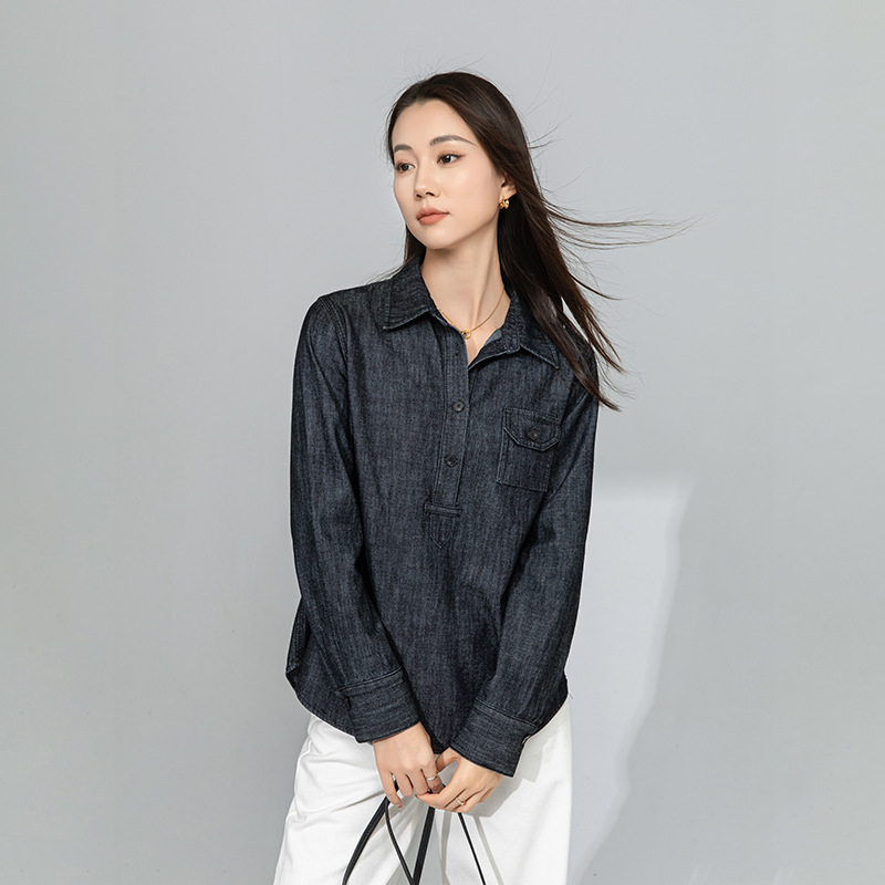 Xinge simple and F design cuffs split deep V lapel loose slim blue gray Denim pullover long sleeve lining