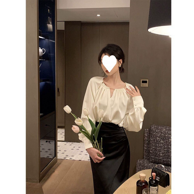 Французский топ абрикосовый атласный свободный рубашка с длинными рукавами