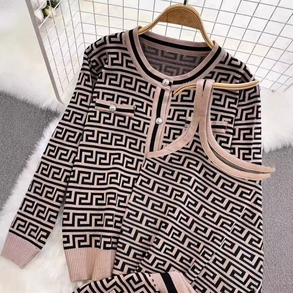 새로운 패션 세트 여성 라운드 넥 자카드 니트 카디건 조끼 3 피스 세트 높은 허리 슬리밍 스트레이트 바지