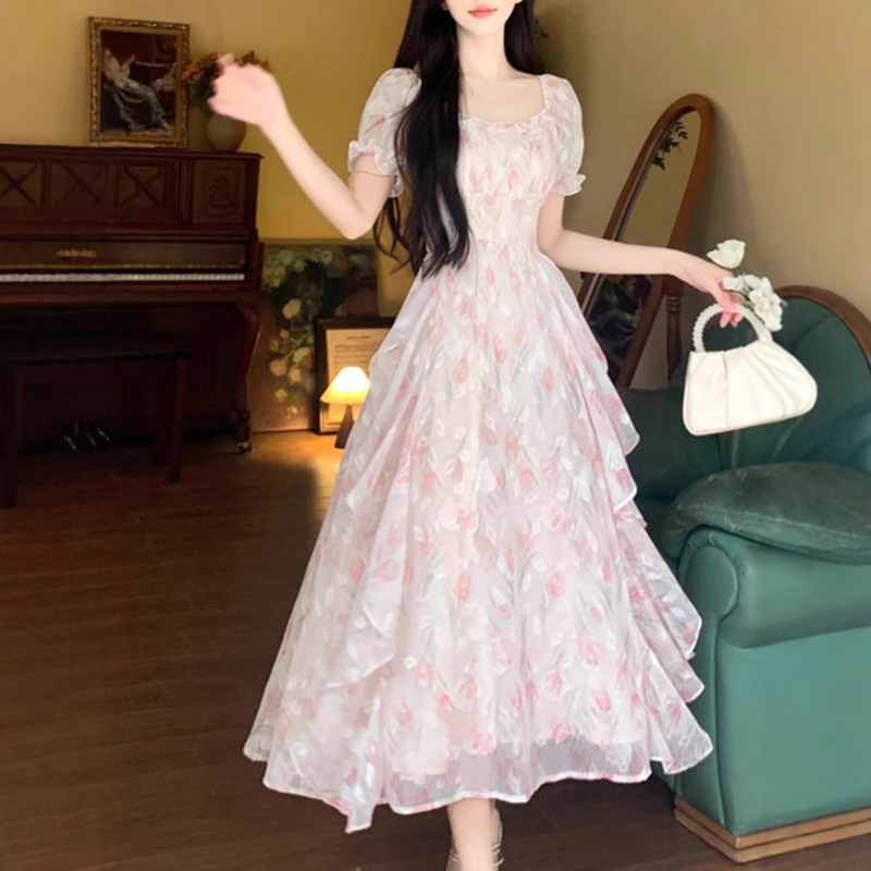 plus size French Style Gentle Fairy Floral dress Women's Summer chubby girl Tight Waist Slimming Elegant Long Dress