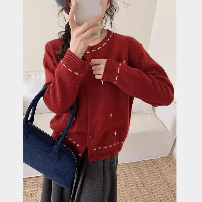 韩系穿搭圆领针织开衫女早秋季2025新款宽松显瘦百搭毛衣上衣外套|undefined