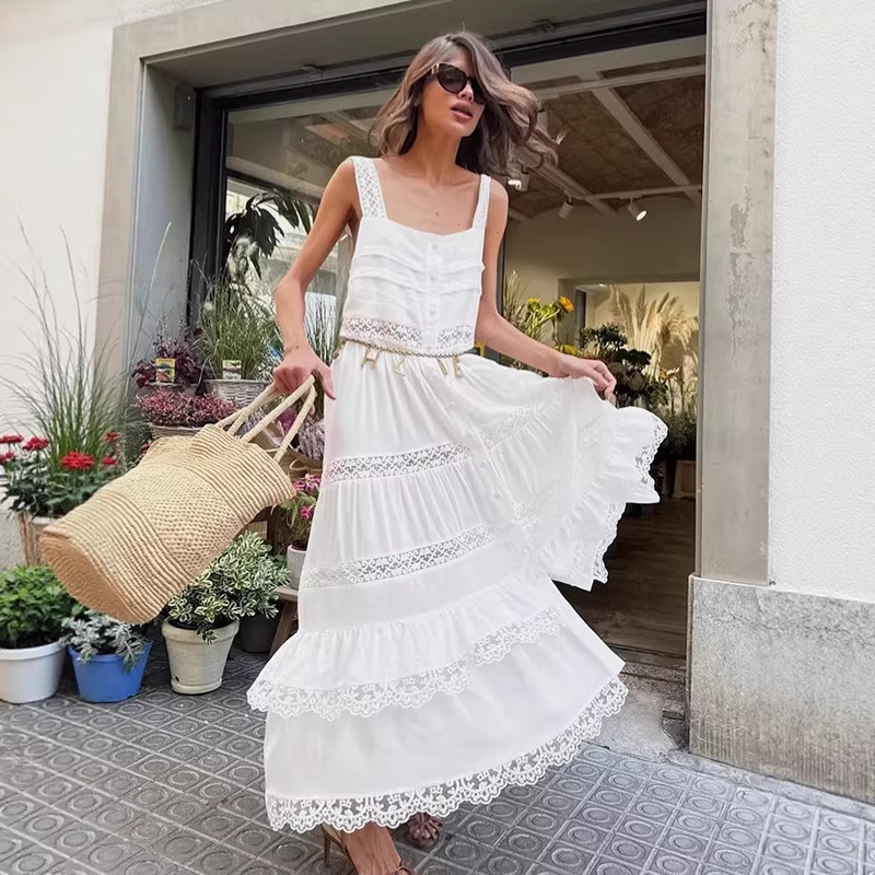 Bohemian Casual Lace Suspender Dress for Women 2026 Spring Resort Style White Large Hem A-Line Dress for Women