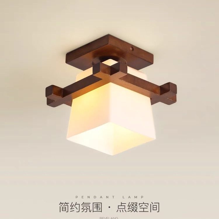 美式简约井字玻璃实木吸顶灯阳台过道灯东南亚个性现代原木艺灯具