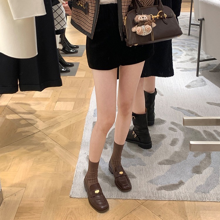 羊皮版~真皮时髦方头金币乐福鞋女复古英伦粗跟一脚蹬小皮鞋单鞋|undefined