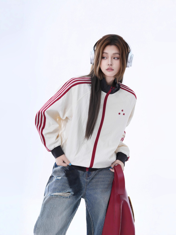 美式复古运动风条纹撞色立领夹克男女2025春秋季新款休闲情侣外套|undefined