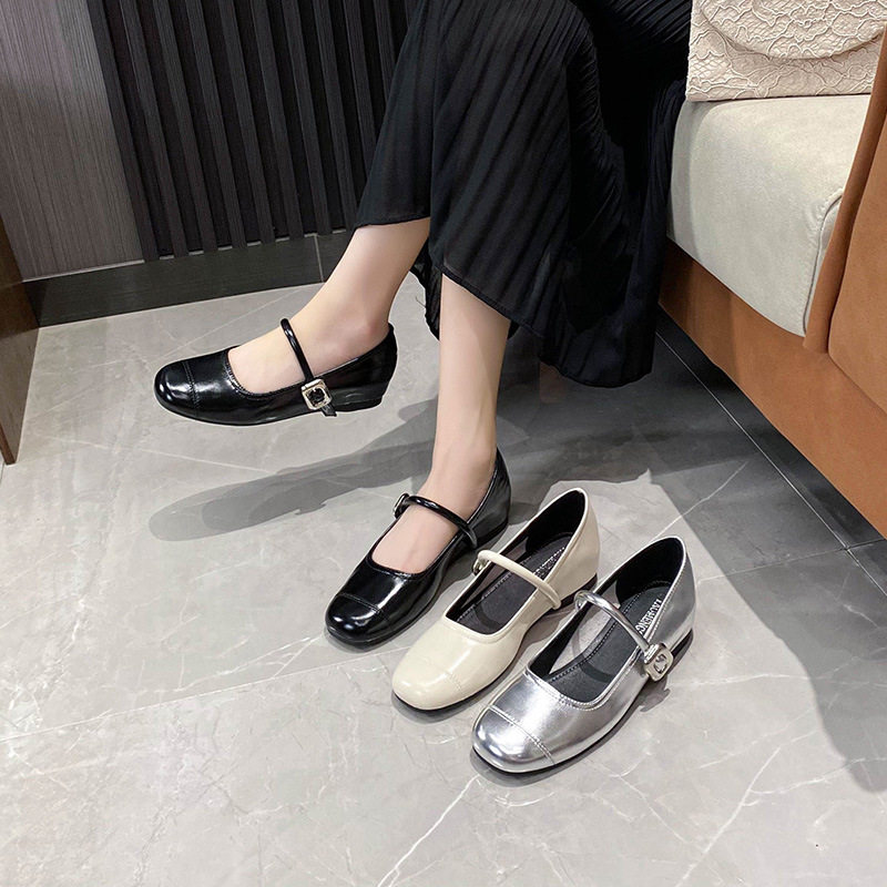 Giày Mary Jane nữ mũi vuông miệng nông, đế bằng mềm, gót trong 3–6 cm — Bạc (kiểu đế bệt), Bạc (tăng bên trong), Màu trắng (kiểu đế bằng), Màu trắng (tăng bên trong)