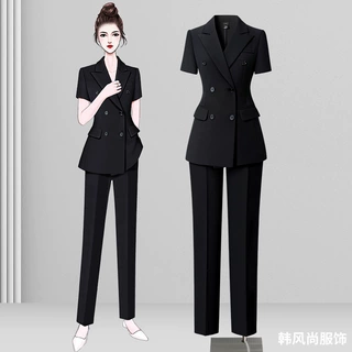 黑色短袖西装套装女夏薄款时尚气质高级感职场面试通勤职业工作服