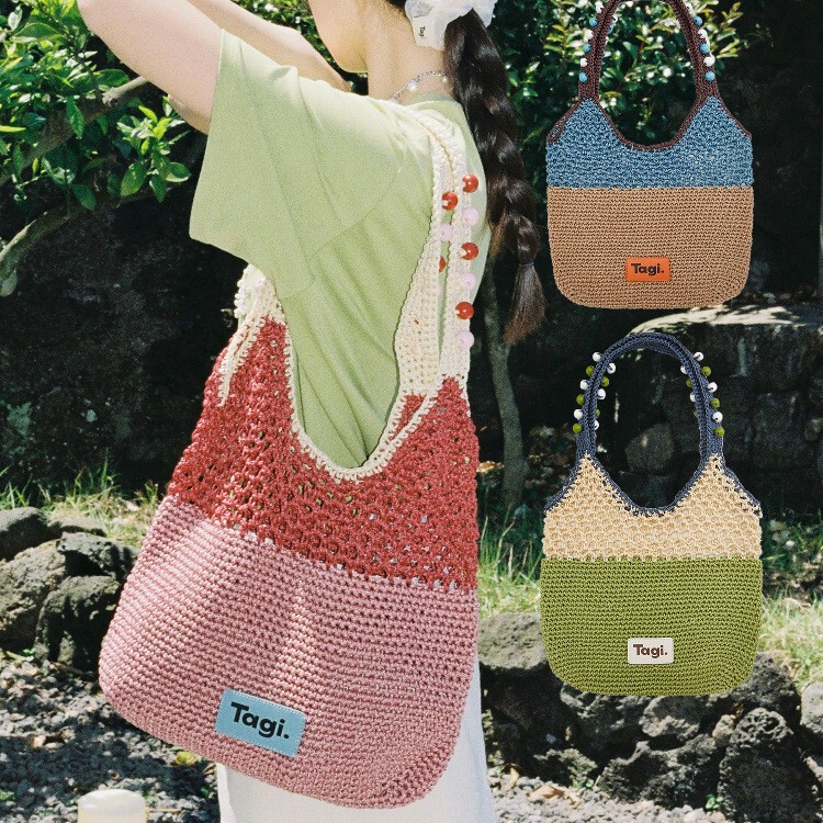 Tagi New Summer Seaside Beach Bag Wooden Beads Satchel Work Clothing Versatile Contrasting Color One-Shoulder Tote Woven Bag