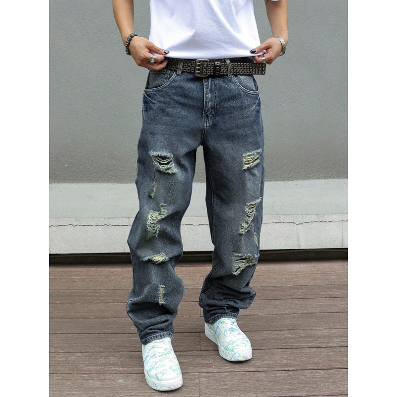 ⑤U 413 X25843 Export Autum New Cross-Border Dropshipping Distressed Ripped Jeans Mid-Waist Full Length Straight