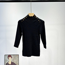 法式跨境女装春季新款时尚修身半高领九分袖针织衫女短款套头上衣