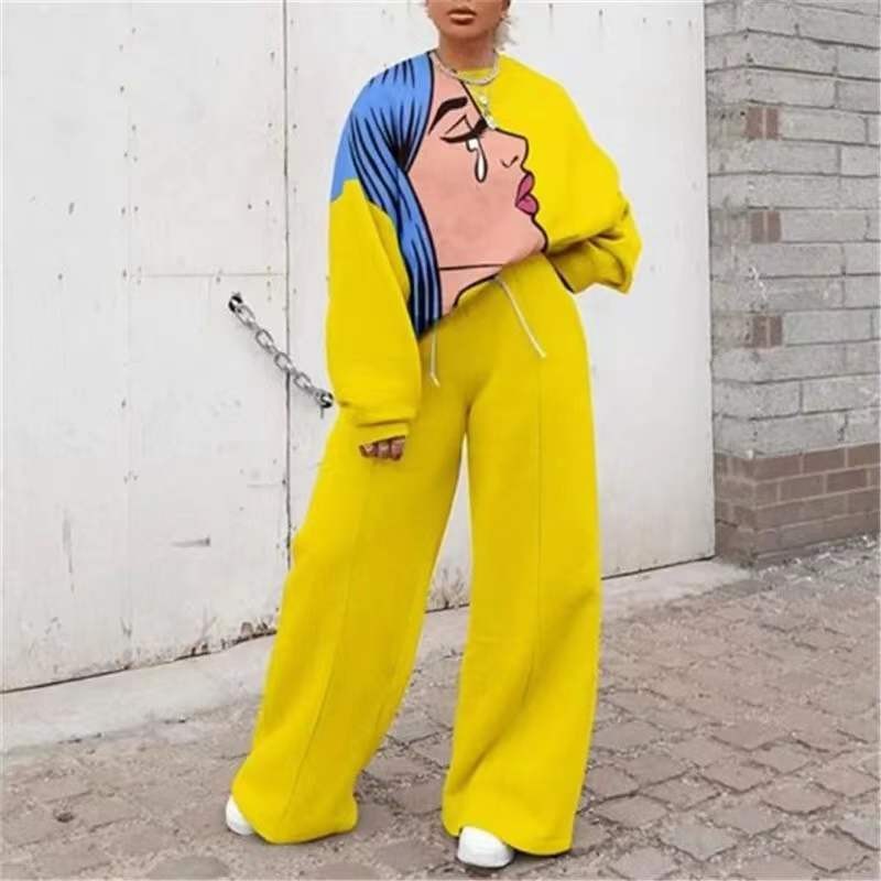Conjunto de Sudadera Informal con Cuello Redondo y Estampado Holgado para Mujer, Estilo Europeo y Americano, Novedad de Comercio Exterior Transfronterizo para Otoño 2025