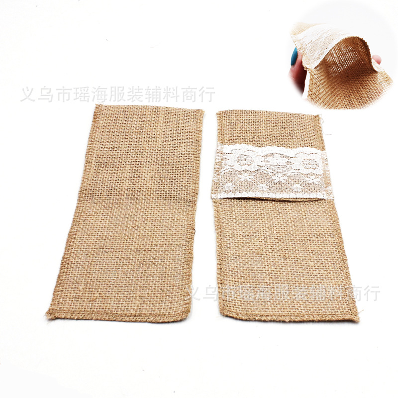 厂家直销麻布刀叉袋  婚庆装饰黄麻布餐具袋 圣诞派对蕾丝刀叉袋